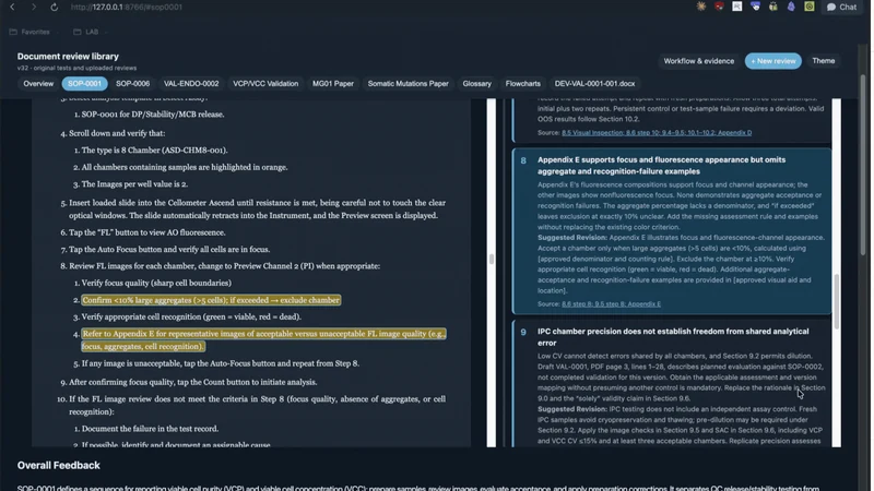 The review interface places cell-counting instructions beside comments about acceptance criteria and analytical error