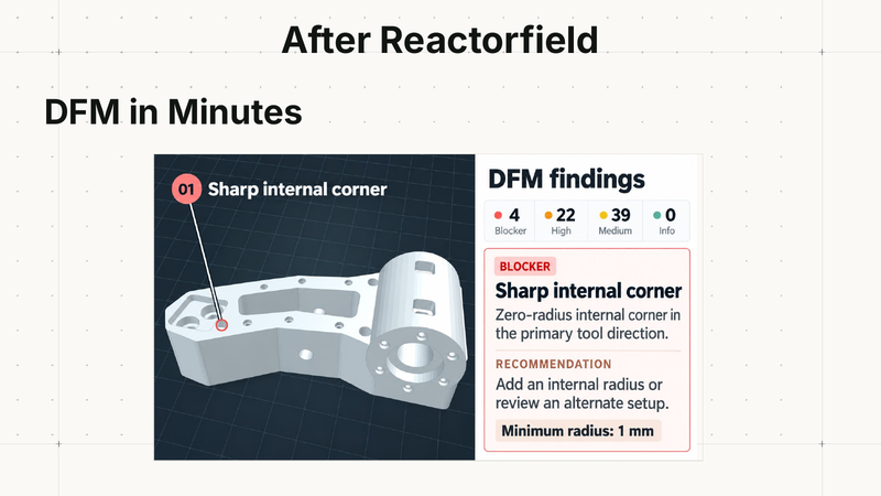 Jakob Knudsen demonstrates a CAD review flagging an unmanufacturable internal corner.